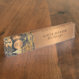 アートモダン抽象芸術パターン黒金ゴールドモノグラムの デスクネームプレート