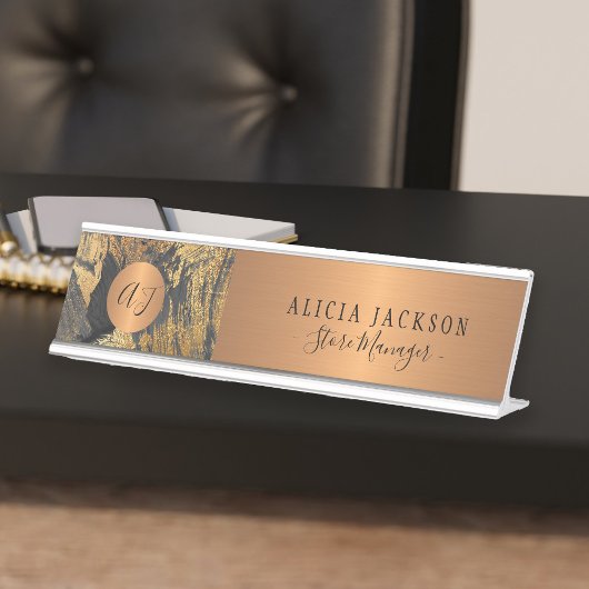 アートモダン抽象芸術パターン黒金ゴールドモノグラムの デスクネームプレート