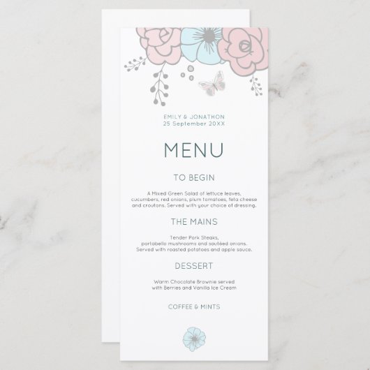 アートモダン花模様バタフライピンクブルー結婚ズ メニュー (正面/裏面)