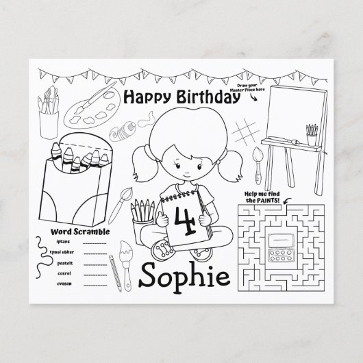 アートランチョンマット、アート誕生日のカラーリングとアクティビティ (正面)