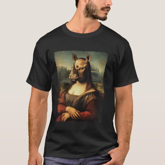 アートルネッサンス絵を描ズおもしろいモナ・リサ・リノセロ Tシャツ (正面)