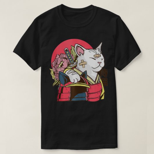 アートワーク日本のサムライ猫ネコ Tシャツ (デザイン正面)