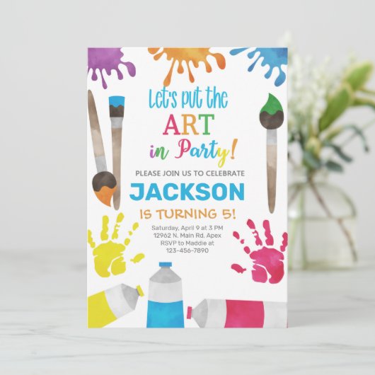 アート少年の誕生日の招待、アートパーティー招待状。 招待状 (スタンド正面)