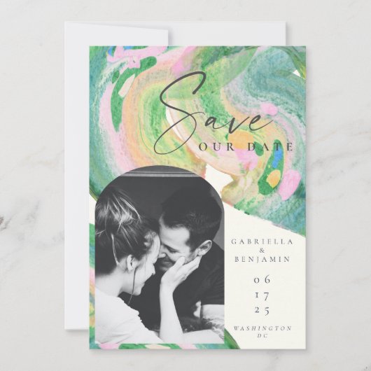 アート抽象芸術グリーンウォーター結婚カラー セーブザデート (正面)
