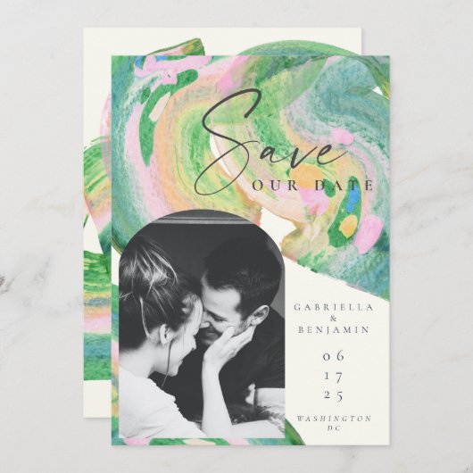 アート抽象芸術グリーンウォーター結婚カラー セーブザデート (正面/裏面)