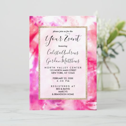 アート抽象芸術サマーネオンピンクパープル絞り染め 招待状 (スタンド正面)