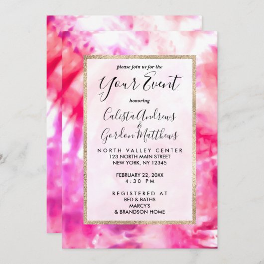 アート抽象芸術サマーネオンピンクパープル絞り染め 招待状 (正面/裏面)