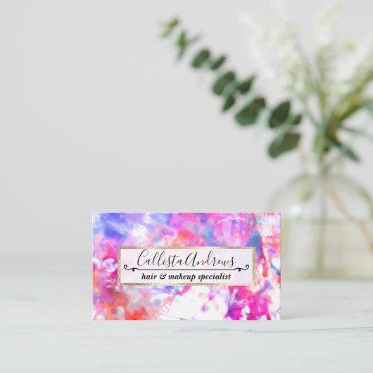 アート抽象芸術サマーピンクパープルオレンジ絞り染め 名刺 (スタンド正面)