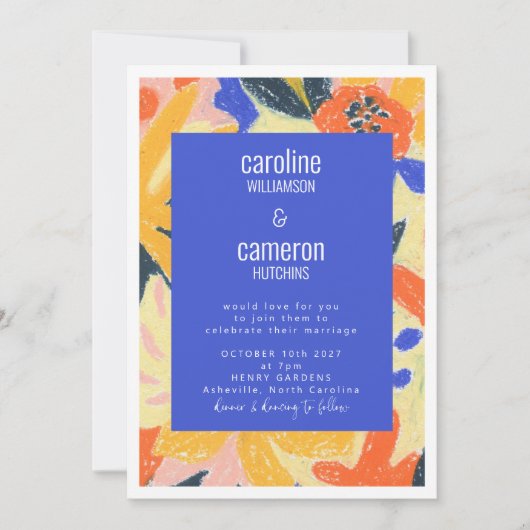 アート抽象芸術ブルーと黄結婚植物学 招待状 (正面)