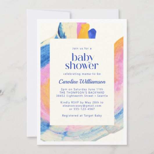 アート抽象芸術ブルーウォーター色かわいい赤ちゃんシャワー 招待状 (正面)