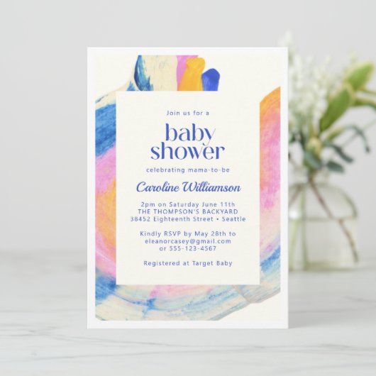 アート抽象芸術ブルーウォーター色かわいい赤ちゃんシャワー 招待状 (スタンド正面)