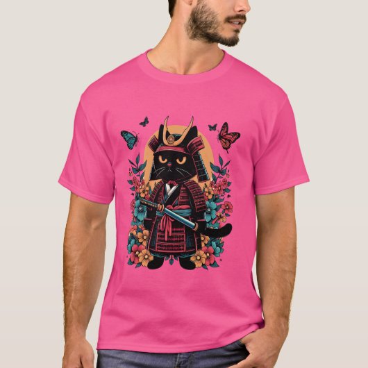 アート日本のサムライ忍者黒猫の戦士 Tシャツ (正面)