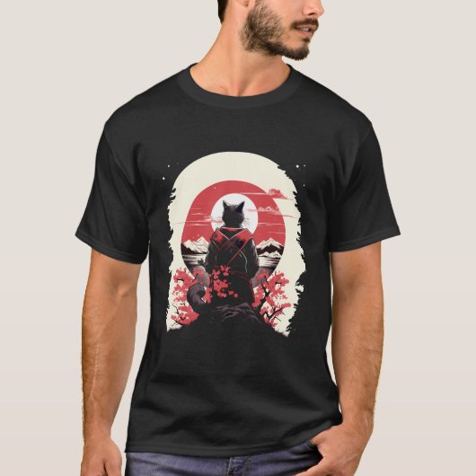 アート日本の猫忍者浮世絵アニメスタイル侍 Tシャツ (正面)