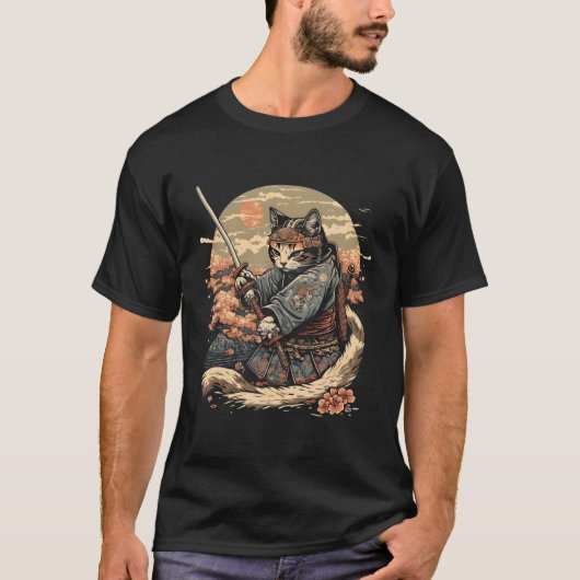 アート日本の猫忍者浮世絵アニメスタイル侍 Tシャツ (正面)