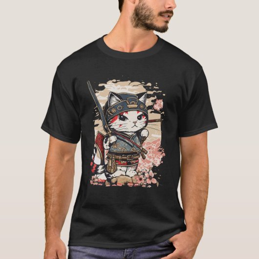 アート日本の猫忍者浮世絵アニメスタイル侍 Tシャツ (正面)