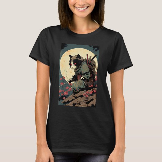 アート日本の猫忍者浮世絵スタイルサムライ猫 Tシャツ (正面)