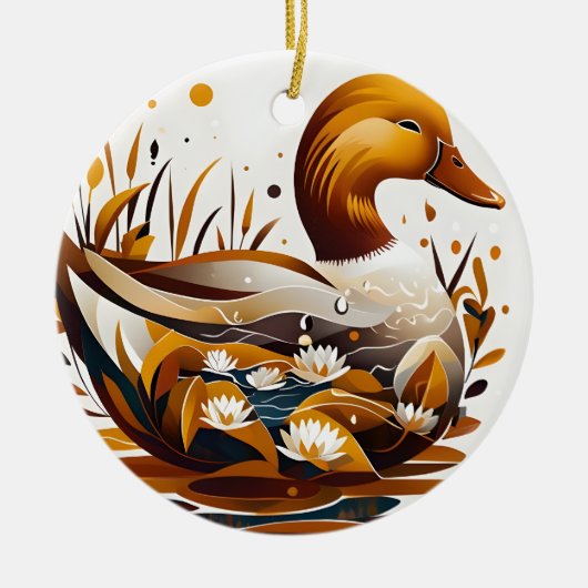 アート池をシルエットにしたアヒル セラミックオーナメント (正面)