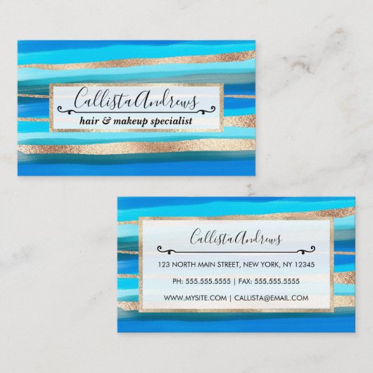 アート海アクア青金ゴールド抽象芸術絵を描ストライプ数 名刺 (正面/裏面)