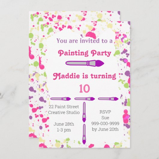 アート絵を描のパーティーピンクと紫 招待状 (正面/裏面)