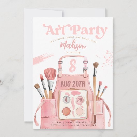 アート絵を描の女の子の誕生日パーティー 招待状 (正面)