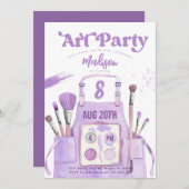 アート絵を描ガールパープル誕生日パーティー 招待状 (正面/裏面)