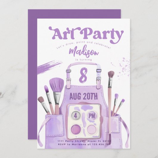 アート絵を描ガールパープル誕生日パーティー 招待状 (正面/裏面)