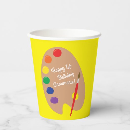 アート絵を描パレットかわいい1歳の誕生日パーティーキッズ 紙コップ (正面)