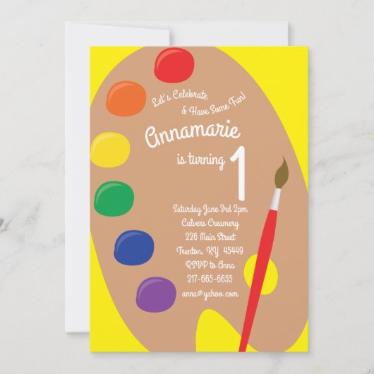 アート絵を描パレット1歳の誕生日かわいい招待状 招待状 (正面)