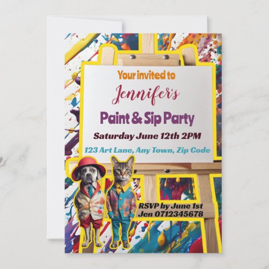 アート絵を描パーティーとスー絵を描プの芸術品を気取ったお祝い 招待状 (正面)