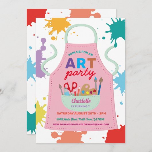 アート絵を描パーティーの絵を描スケッチ工芸品エプロン 招待状 (正面/裏面)