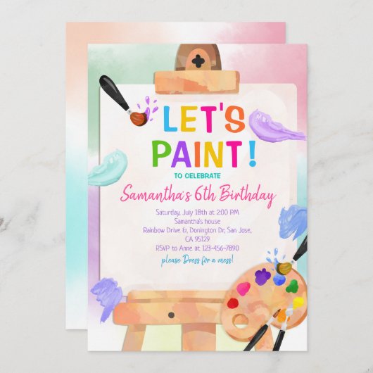 アート絵を描パーティーの誕生日パーティーガール 招待状 (正面/裏面)