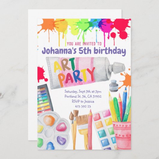 アート絵を描パーティー子供の誕生日招待状 招待状 (正面/裏面)