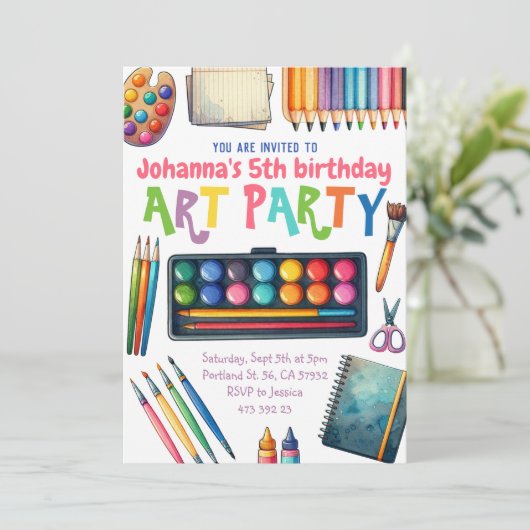 アート絵を描パーティー子供の誕生日 招待状 (スタンド正面)