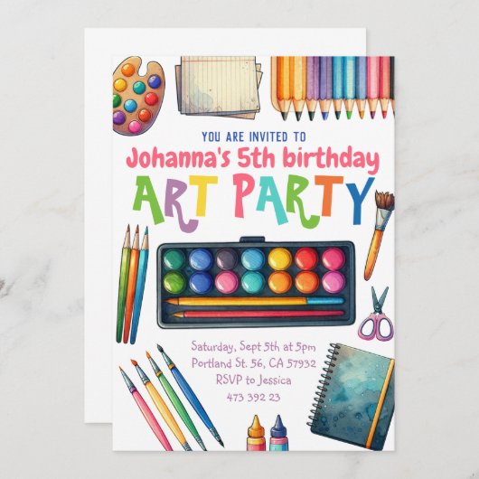 アート絵を描パーティー子供の誕生日 招待状 (正面/裏面)