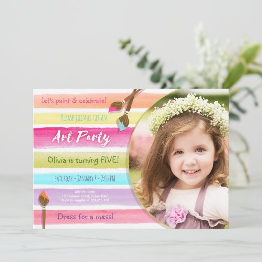 アート絵を描パーティー誕生日の招待状レインボー 招待状 (スタンド正面)