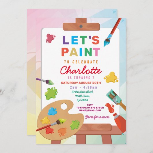 アート絵を描誕生日のパーティー絵を描ククラフト女子 招待状 (正面/裏面)
