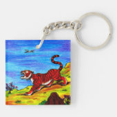 アート絵画の虎と鳥の飛んでいるアートワークのファンタジー キーホルダー (裏面)