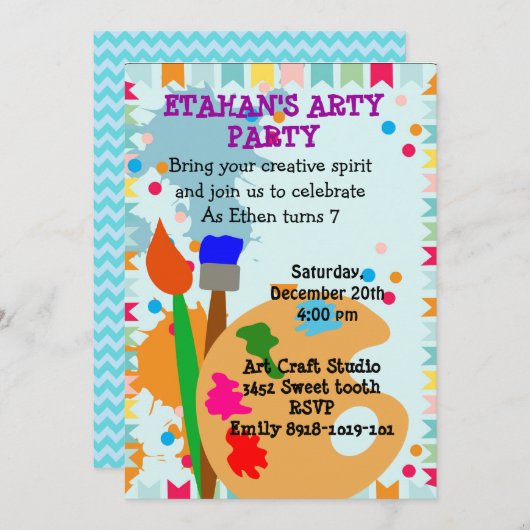 アート絵画の誕生日パーティーの招待状 招待状 (正面/裏面)