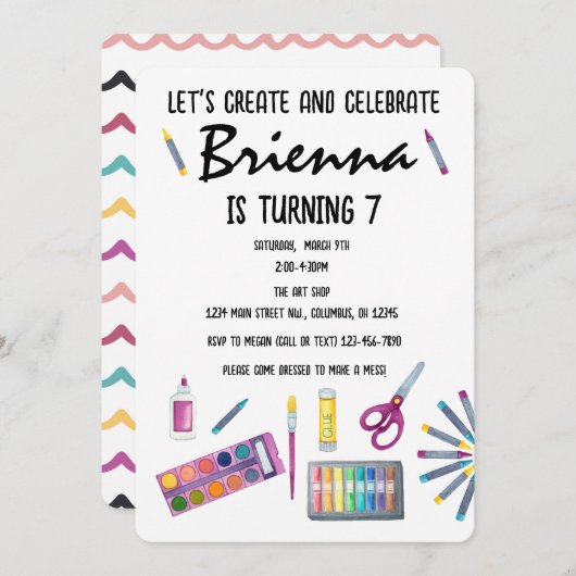 アート絵画パーティーの女の子のための工芸パーティー 招待状 (正面/裏面)