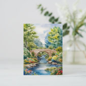 アート絵画ランドスケープ緑のガーデンブリッジ湖 ポストカード (スタンド正面)