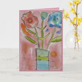 アート花かわいらしピンクハッピーバースデー カード (黄色い花)