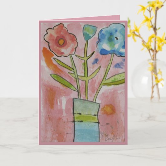 アート花かわいらしピンクハッピーバースデー カード (黄色い花)