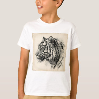 アート風の炭筆で描かれたトラの横顔スケッチをアンティーク風の紙に Tシャツ