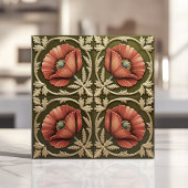 アート&クラフツ赤いポピーとオリーブグリーン タイル