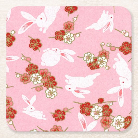 アート:日本のピンク・サクラ&ラビット スクエアペーパーコースター (正面)