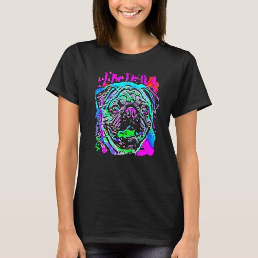 アート 青 ピンク 紫 緑 パグ 犬 Tシャツ (正面)