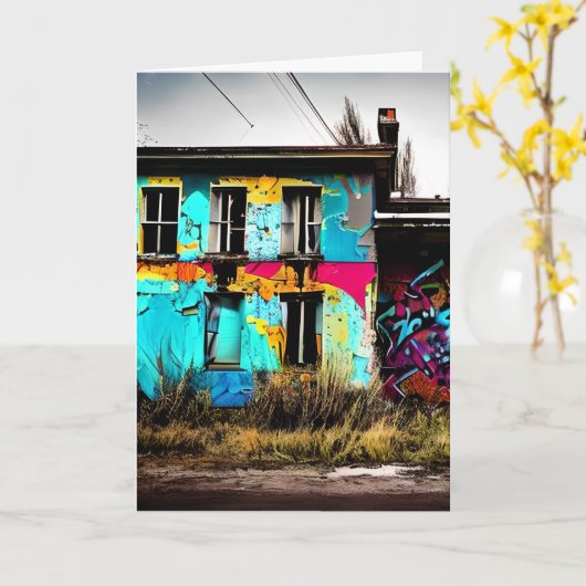 アーバンアート放棄グラフィティ建物 カード (黄色い花)