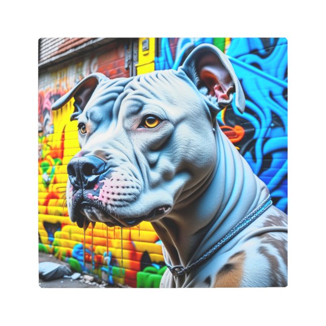 アーバンカラフルグラフィティ通りアートピットブル恋人 メタルプリント (正面)