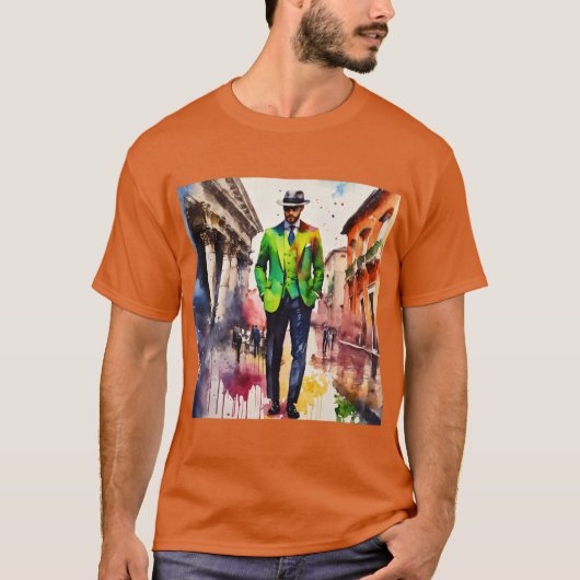 アーバンカラフル散歩:オレンジティーの紳士" Tシャツ (正面)