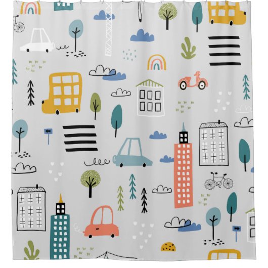 アーバンスケッチ:子供のヴィンテージ街並み シャワーカーテン (正面)